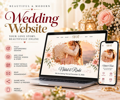Wedding website features: customisable design, photos and story, event countdown, RSVP, mobile friendly