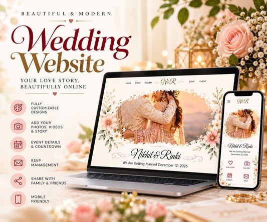 Wedding website features: customisable design, photos and story, event countdown, RSVP, mobile friendly