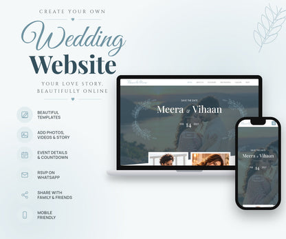 Dusty Blue Botanical wedding website on laptop and phone