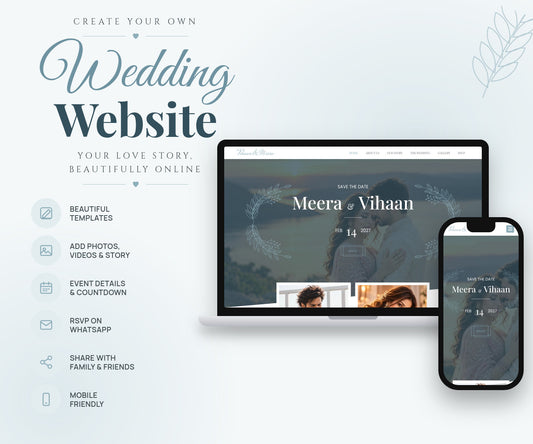 Dusty Blue Botanical wedding website on laptop and phone