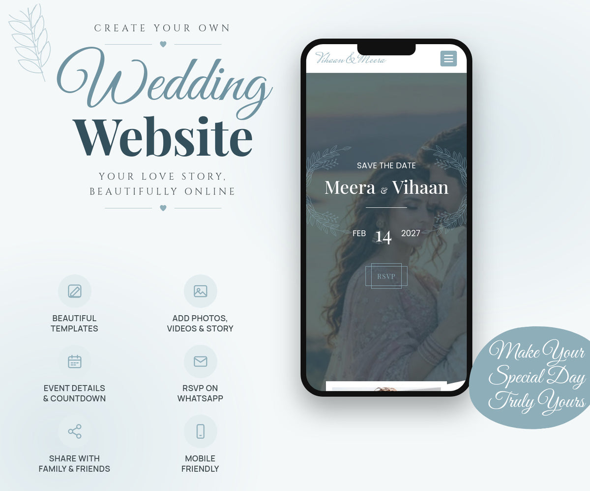 Dusty Blue Botanical wedding website mobile view