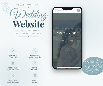 Dusty Blue Botanical wedding website mobile view