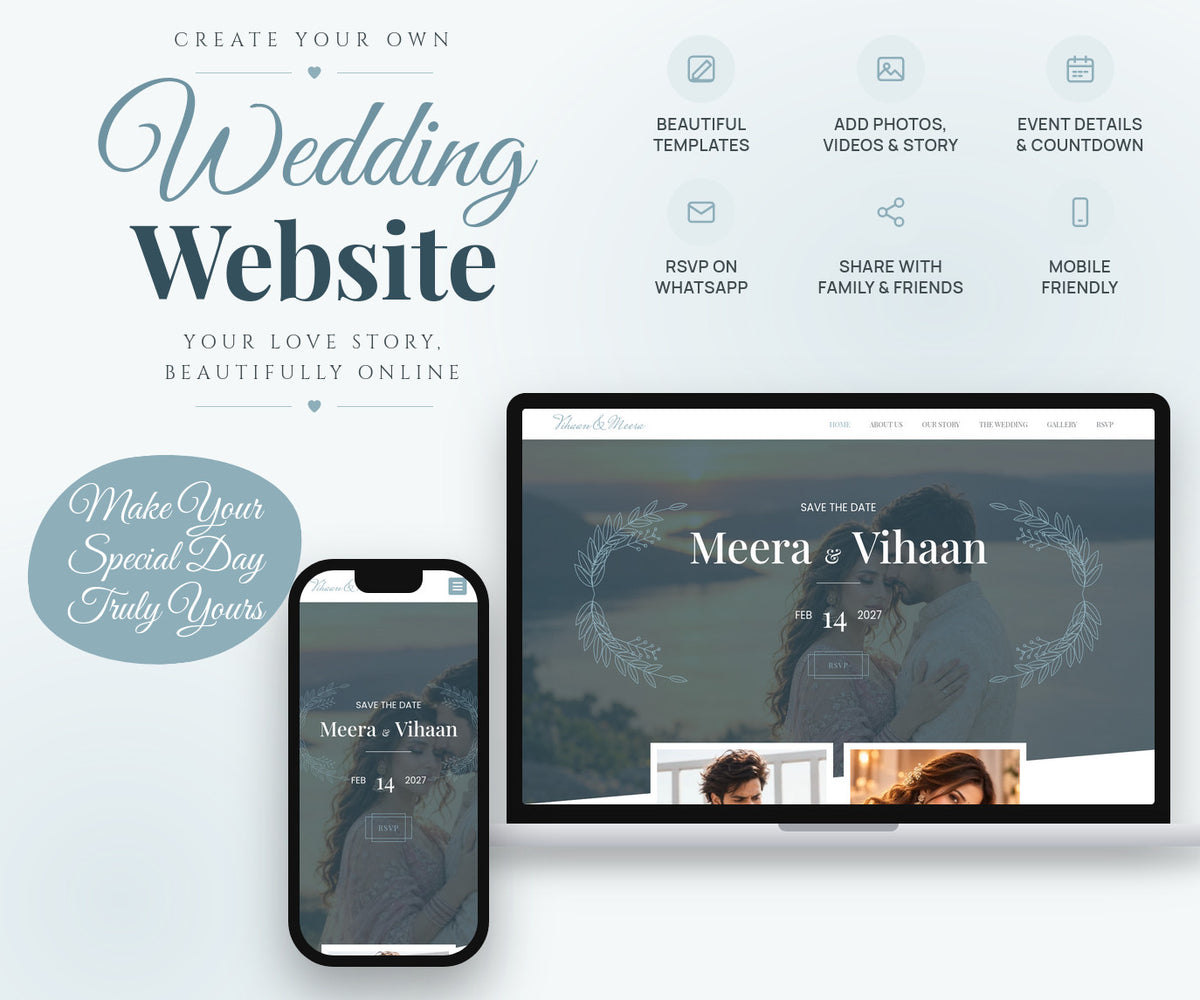 Dusty Blue Botanical wedding website features