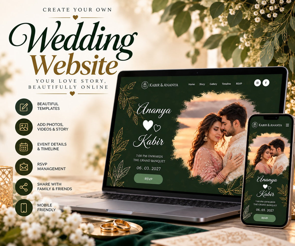 Emerald green and gold wedding invitation website on laptop and mobile – Ananya & Kabir demo with misty photo frame and gold leaves