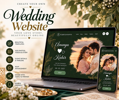 Emerald green and gold wedding invitation website on laptop and mobile – Ananya & Kabir demo with misty photo frame and gold leaves