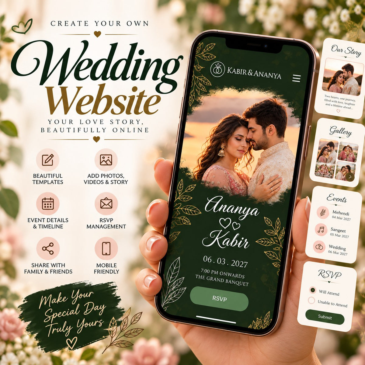 Emerald and gold wedding website on a phone with our story, gallery, events timeline and RSVP