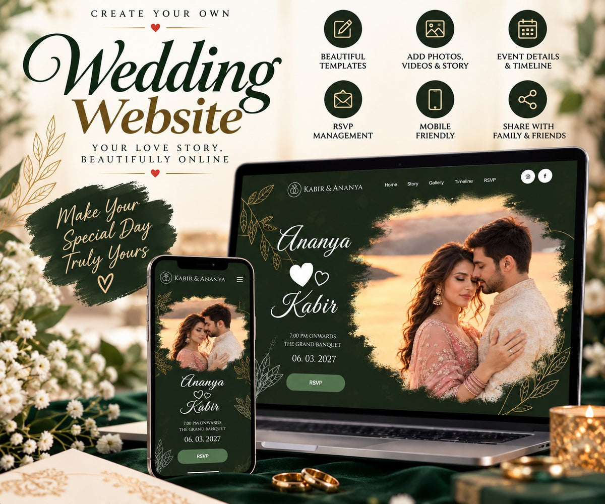 Emerald and gold wedding website design on laptop and phone with features: RSVP, events timeline, gallery, share with family