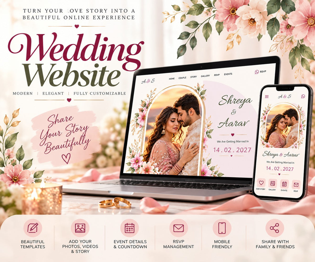 Lavender floral wedding invitation website on laptop and mobile – Shreya & Aarav demo with arch photo, names and date