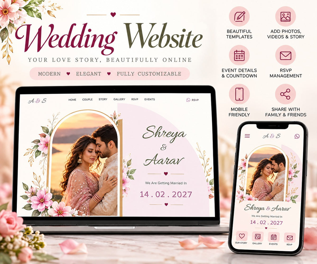 Lavender floral wedding website design on laptop and phone with features: RSVP, countdown, gallery, share with family