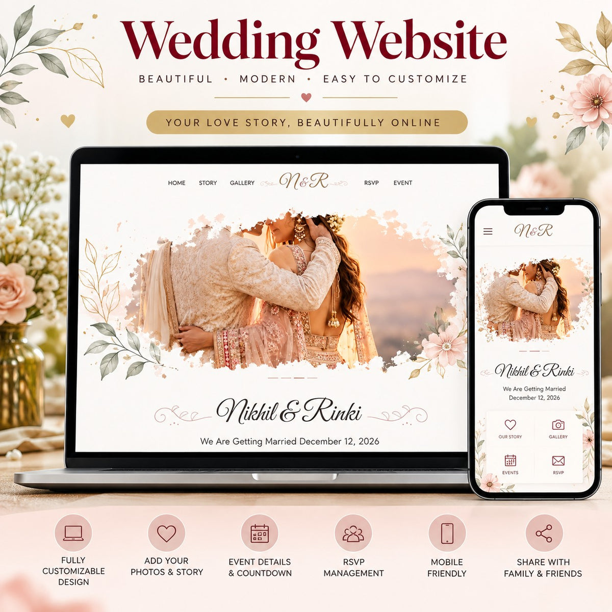 Wedding invitation website on laptop and mobile – beautiful, modern, easy to customise