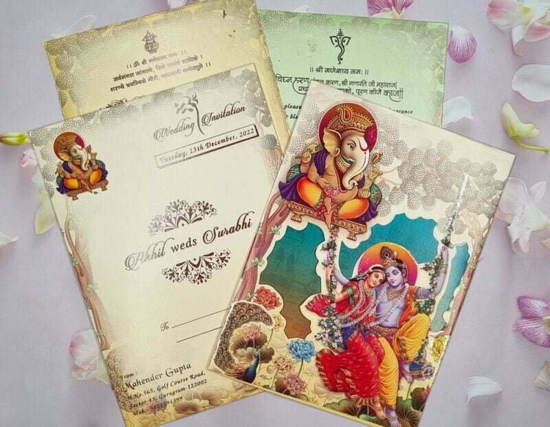 Radha Krishna With Ganesha Theme Die-Cut Wedding Invitation