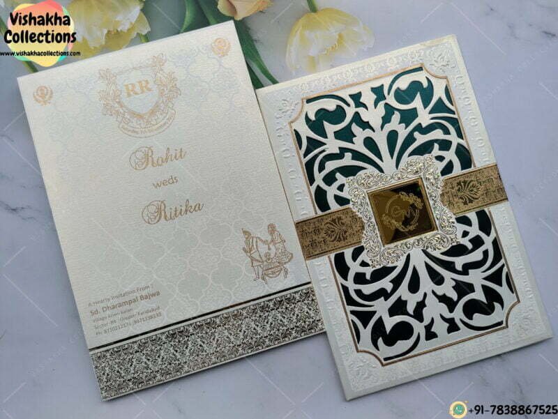 White Color Padded Card Die Cut Aquaish Inner Color Banded Acrylic Wedding card