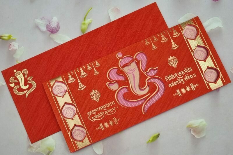 Purple and Yellow Ganesh Three Fold Wedding Invitation Card