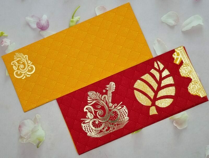 Paan Design Red and Yellow with Gold Foil Wedding Invitation Card