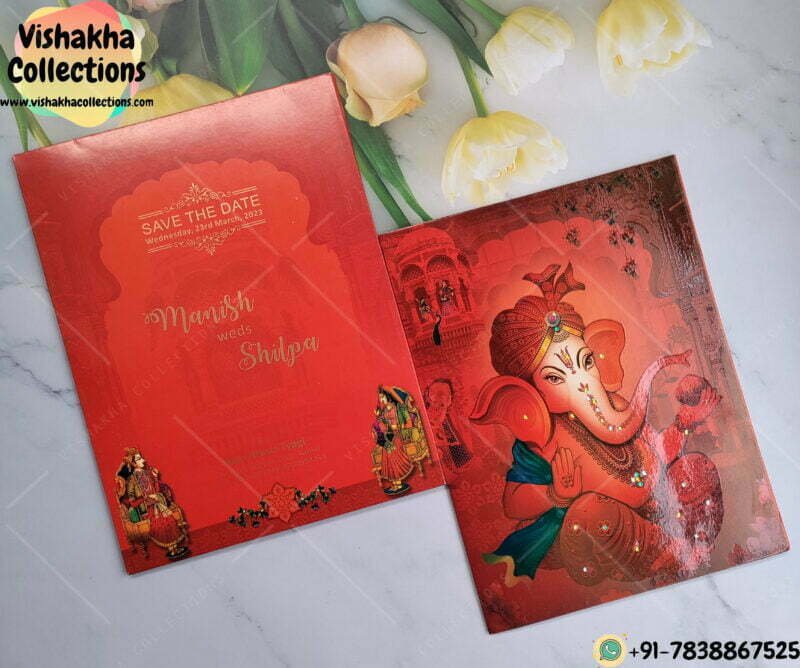 Magical Red Color Ganesh Ji And Dulah Dulhan With Shiny Beed Wedding Card