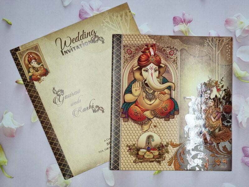 Radha Krishna Under Tree With Ganpati Wedding Invitation Card