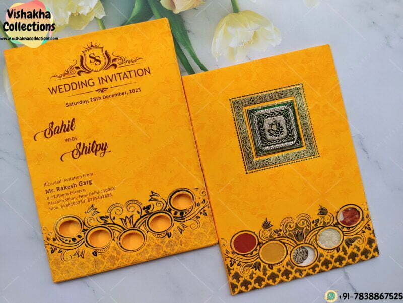 Yellow Pad Card With Real KumKum Haldi Supari Chawal And Roli Traditional card