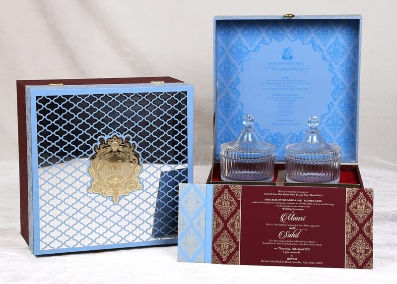 Blue Designer Mirror With Mehrun Designer Exclusive Wedding Invitaion Box