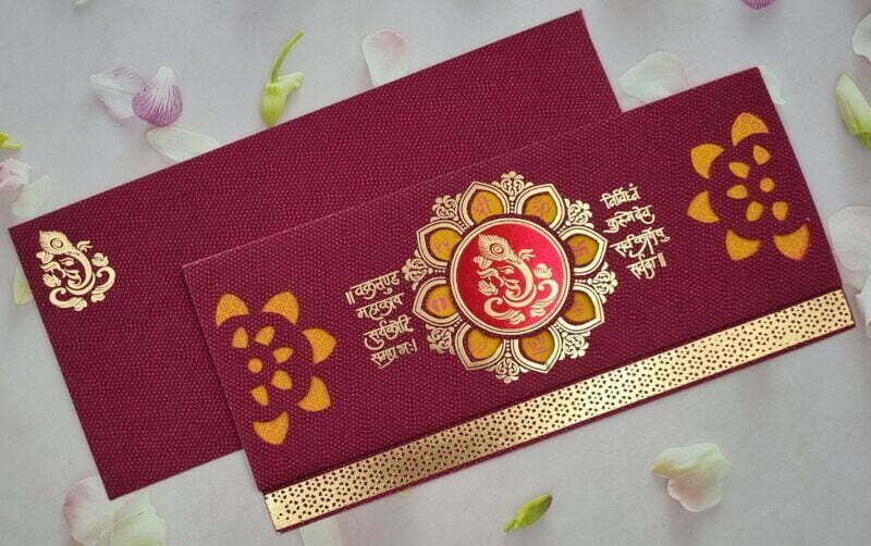 Red and Pink Ganesh Three Fold Wedding Invitation Card