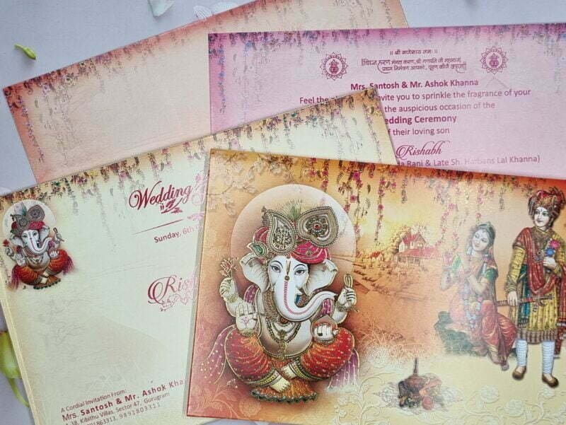 Radha Krishna Floral Themed Ganesha Wedding Invitation Card