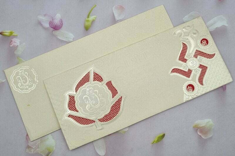 Laser Cut Swastik Ganesh Red and Cream Colour Wedding Invitation Card