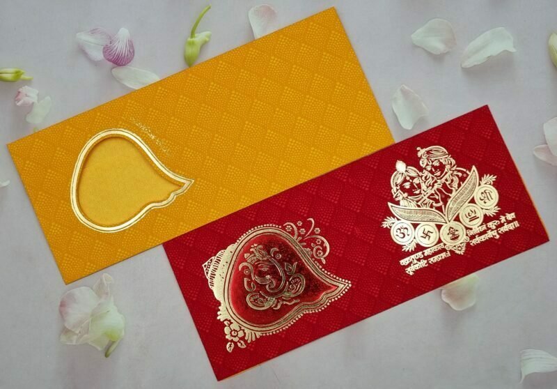 Leaf Cut Red and Yellow with Gold Foil Wedding Invitation Card