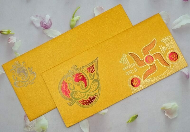 Yellow and Red Ganpati with Swastik Wedding Invitation Card