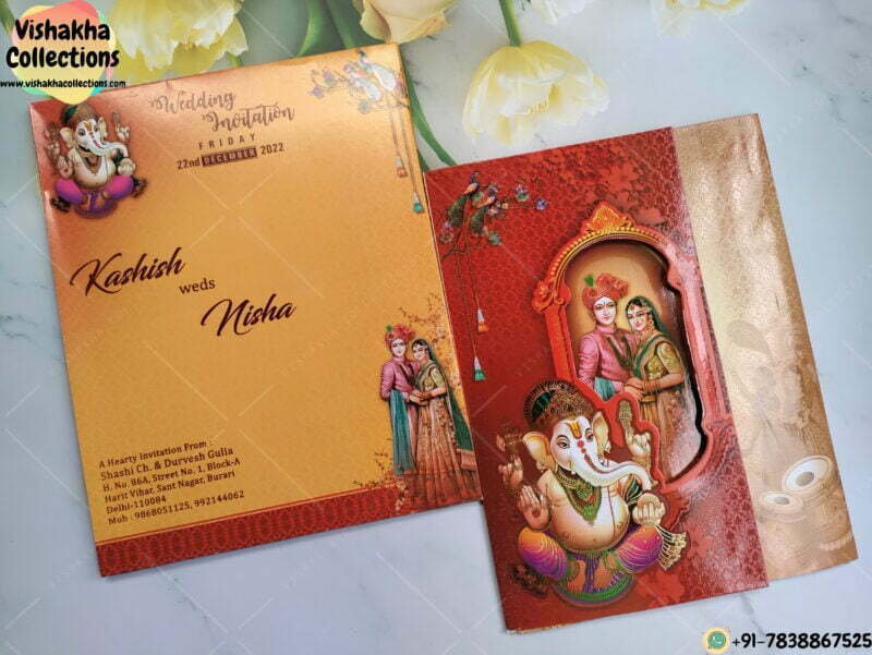 Red Color Ganesh Ji Double Palla Windowed Dulah Dulhan Wedding card