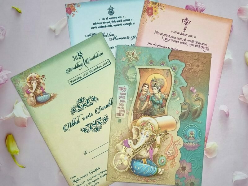 Radha Krishna Center Opening Three Fold Wedding Invitation Card