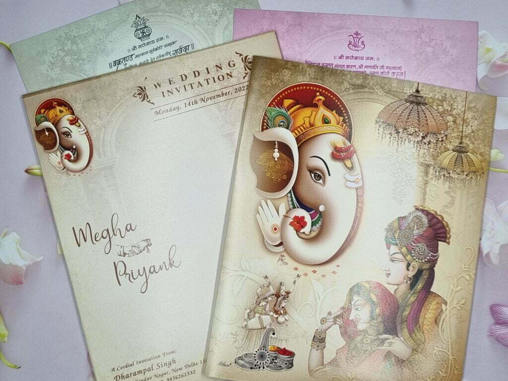 Beautiful Night Barat Palace Ganpati Ji Purple Wedding Invitation Card  Vishakha Collections