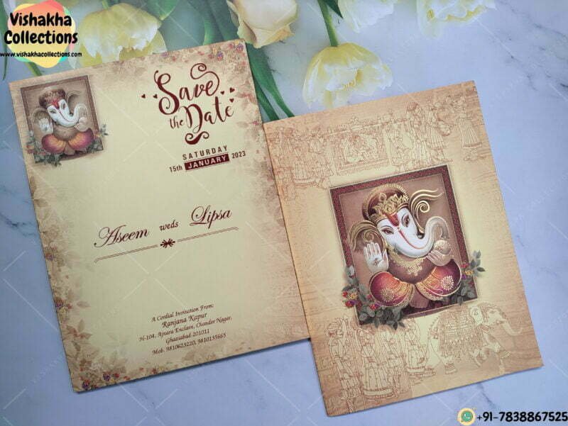 Beige Color Hathi And Barati Dhol Nagada Ganesh Ji Wedding card