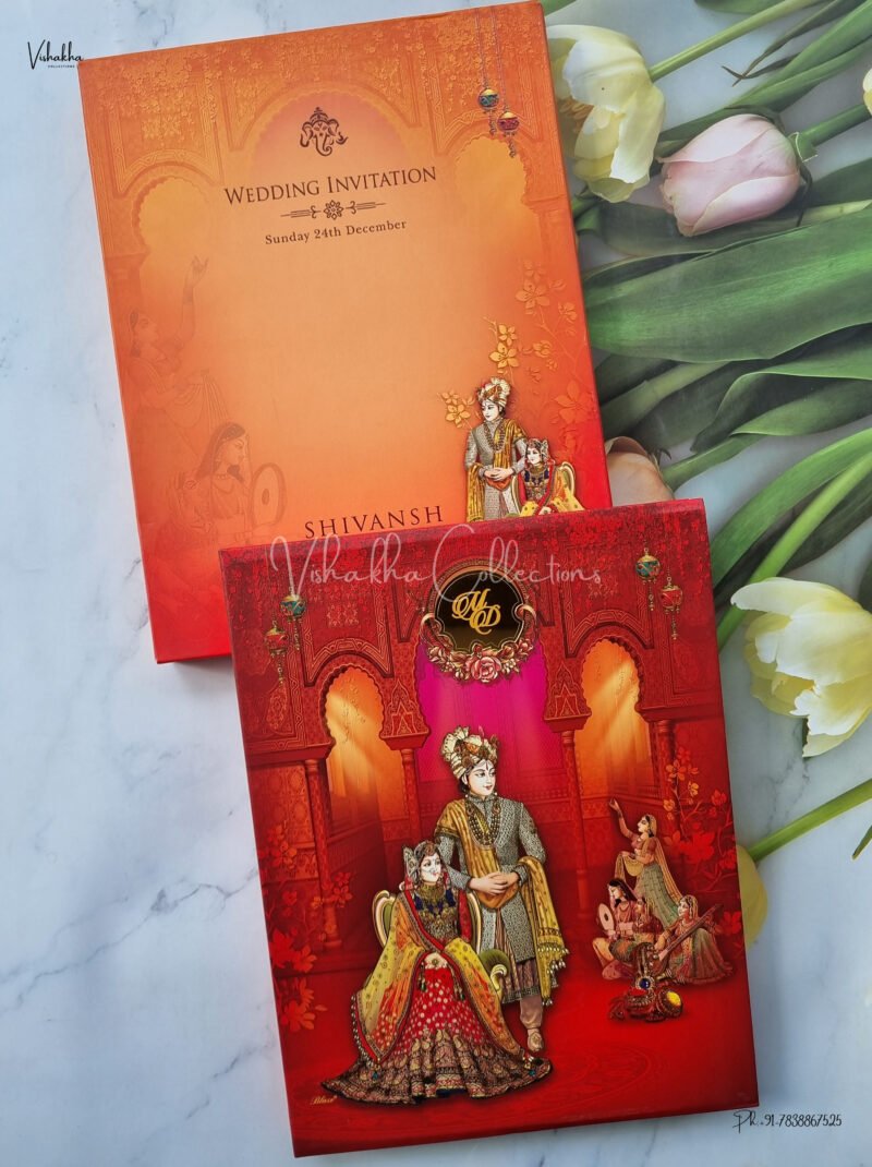 Barat Themed Semi Box Dulah Dulhan Themed Hindu Wedding Sikh Wedding Padded Wedding invitation Cards - EJ3011