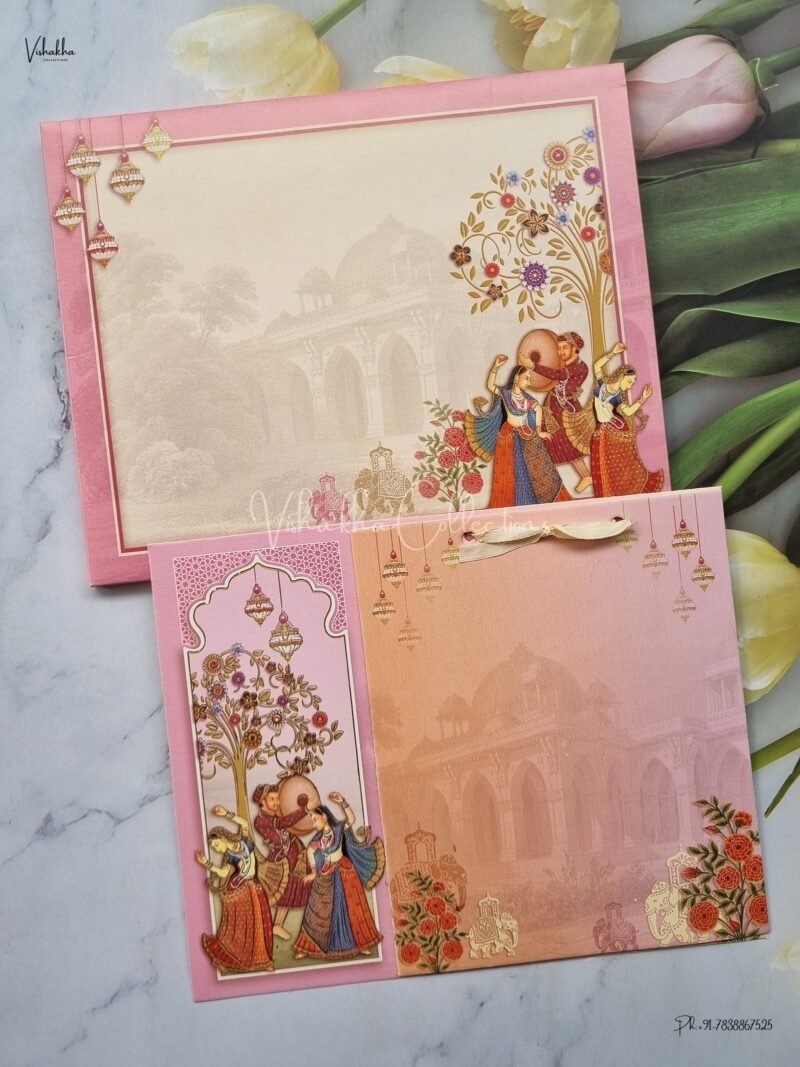 Paper Laser Cut Barat Themed Semi Box Flower Themed Hindu Wedding Sikh Wedding invitation Cards - AK269