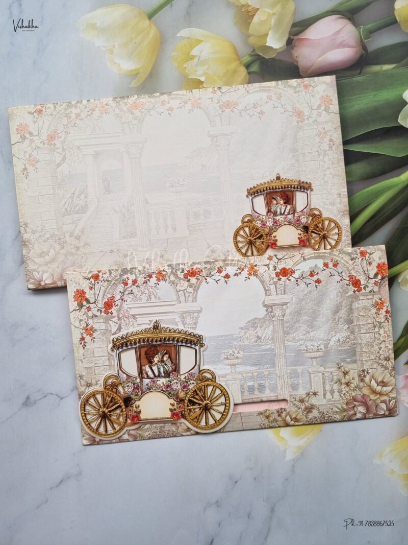 Doli Themed Sliding Style Semi Box Dulah Dulhan Themed Flower Themed Hindu Wedding Sikh Wedding invitation Cards - AK300