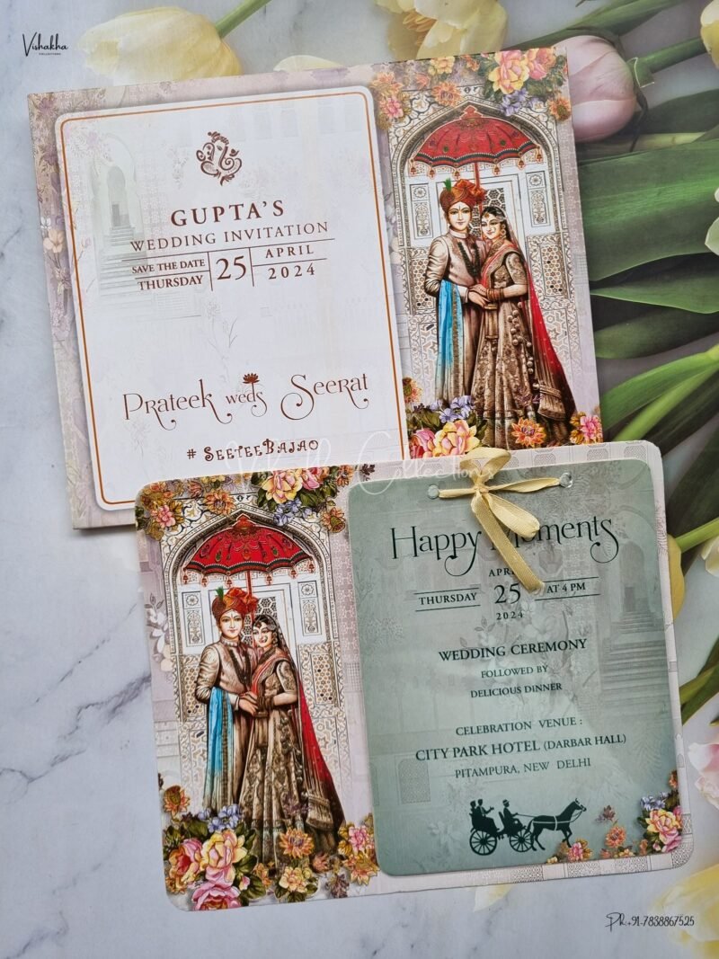 Paper Laser Cut Semi Box Dulah Dulhan Themed Flower Themed Hindu Wedding Sikh Wedding invitation Cards - ATS-L3163