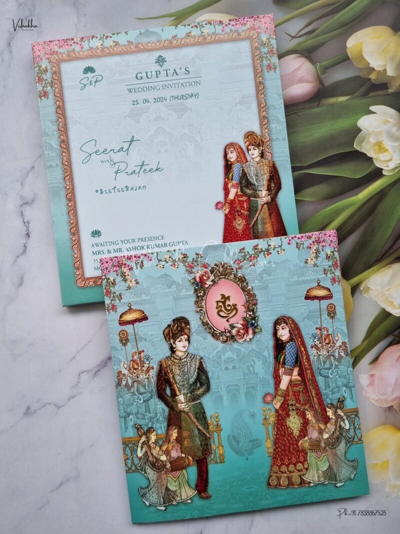Barat Themed Semi Box Dulah Dulhan Themed Flower Themed Hindu Wedding Sikh Wedding invitation Cards - ATS-NP2172