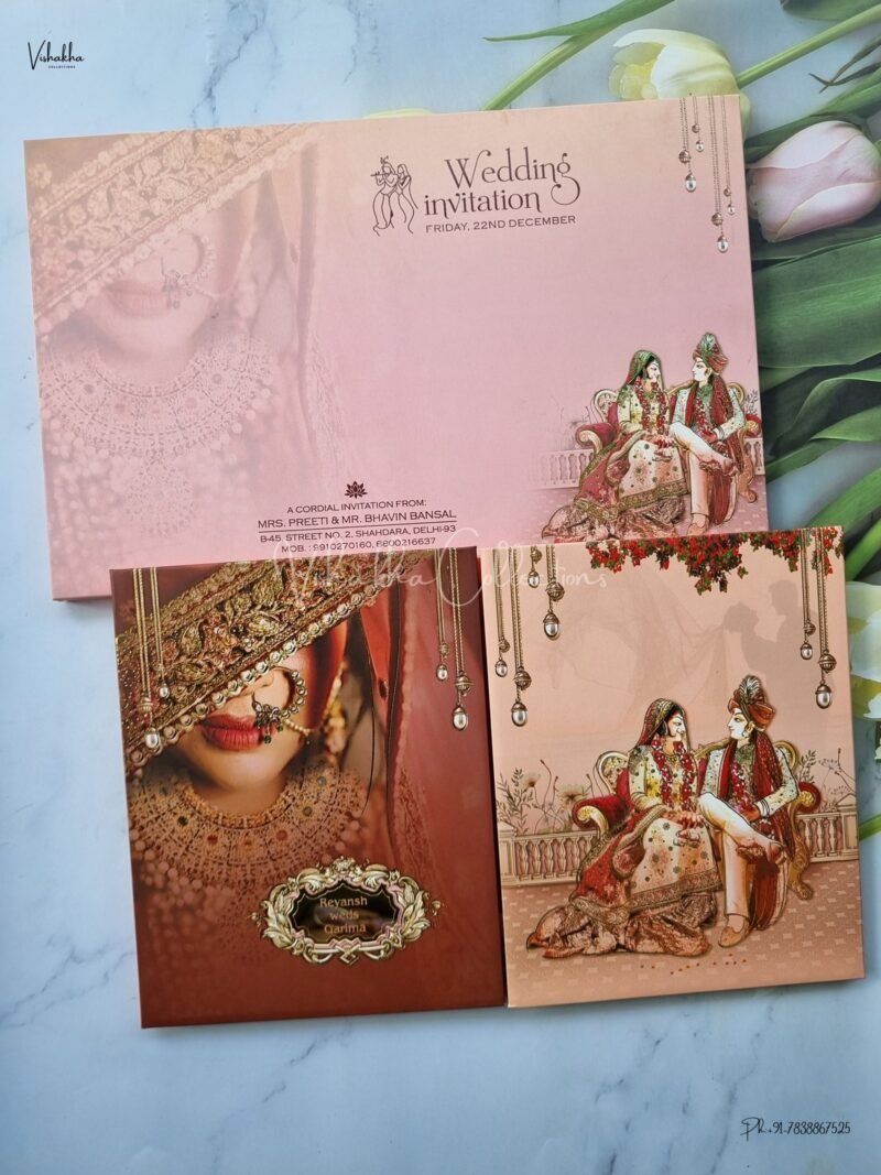 Book Style Semi Box Dulah Dulhan Themed Flower Themed Double Door Hindu Wedding Sikh Wedding Padded Wedding invitation Cards - EJ3006