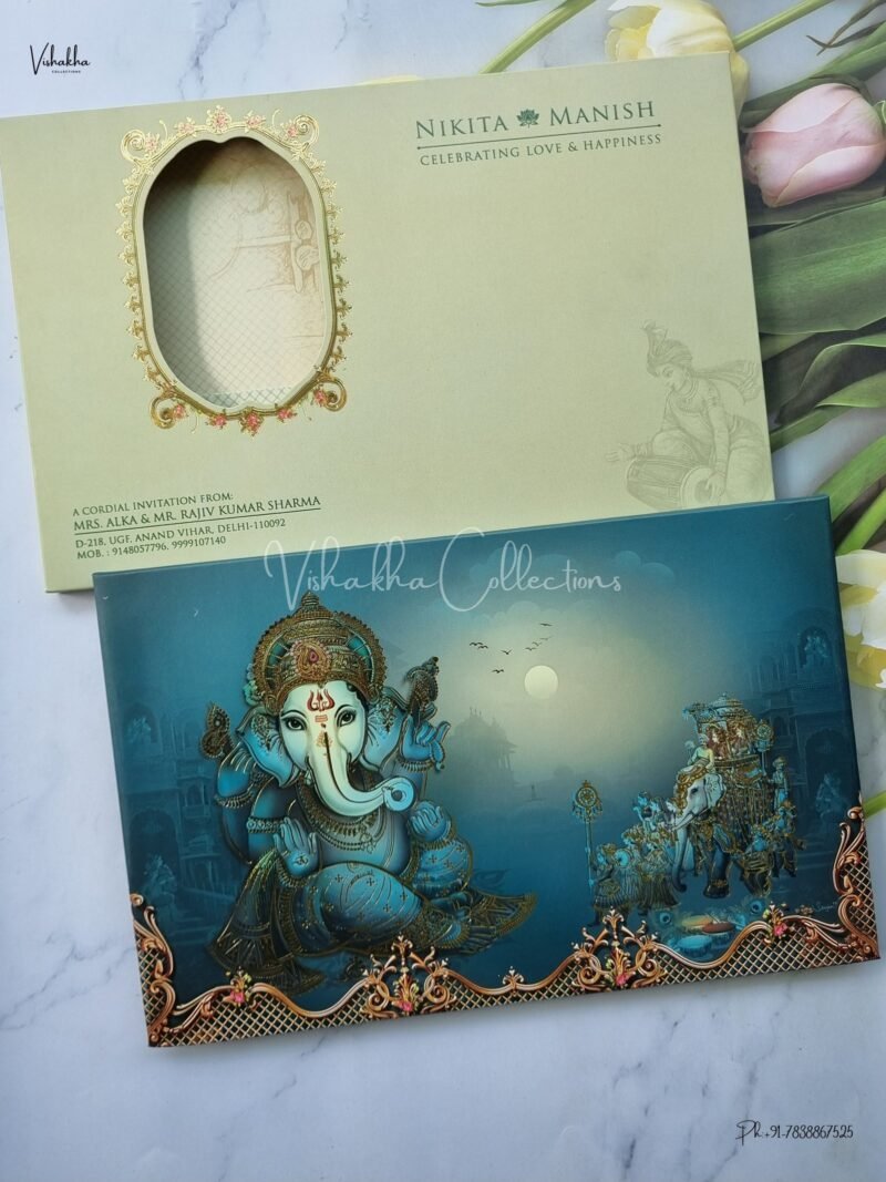 Barat Themed Semi Box Ganesh Ji Themed Flower Themed Hindu Wedding Padded Wedding invitation Cards - EJ3009