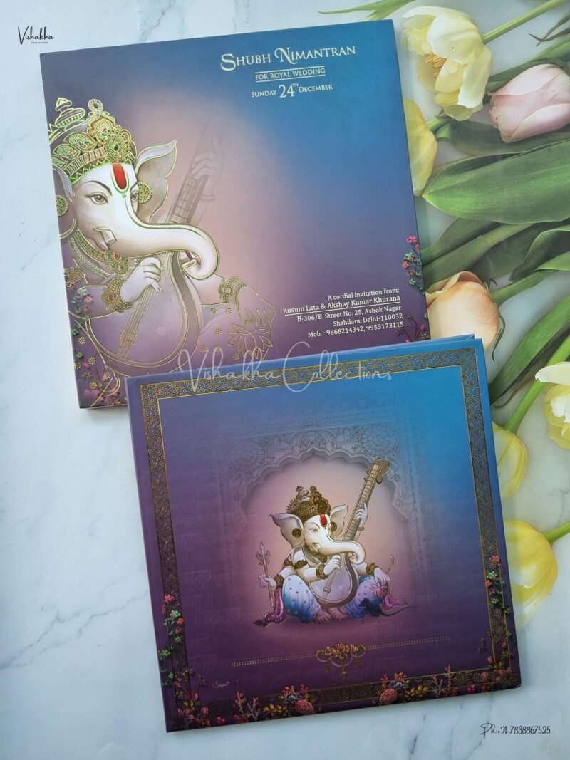 Barat Themed Semi Box Ganesh Ji Themed Dulah Dulhan Themed Flower Themed Hindu Wedding Padded Wedding Unique Color Weddinginvitation Cards - EJ3025