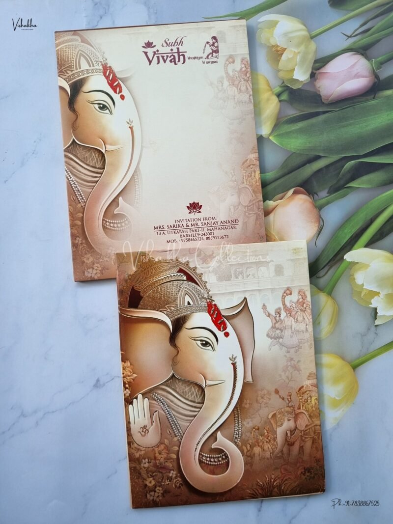 Barat Themed Semi Box Ganesh Ji Themed Hindu Wedding Padded Wedding invitation Cards - EJ3031
