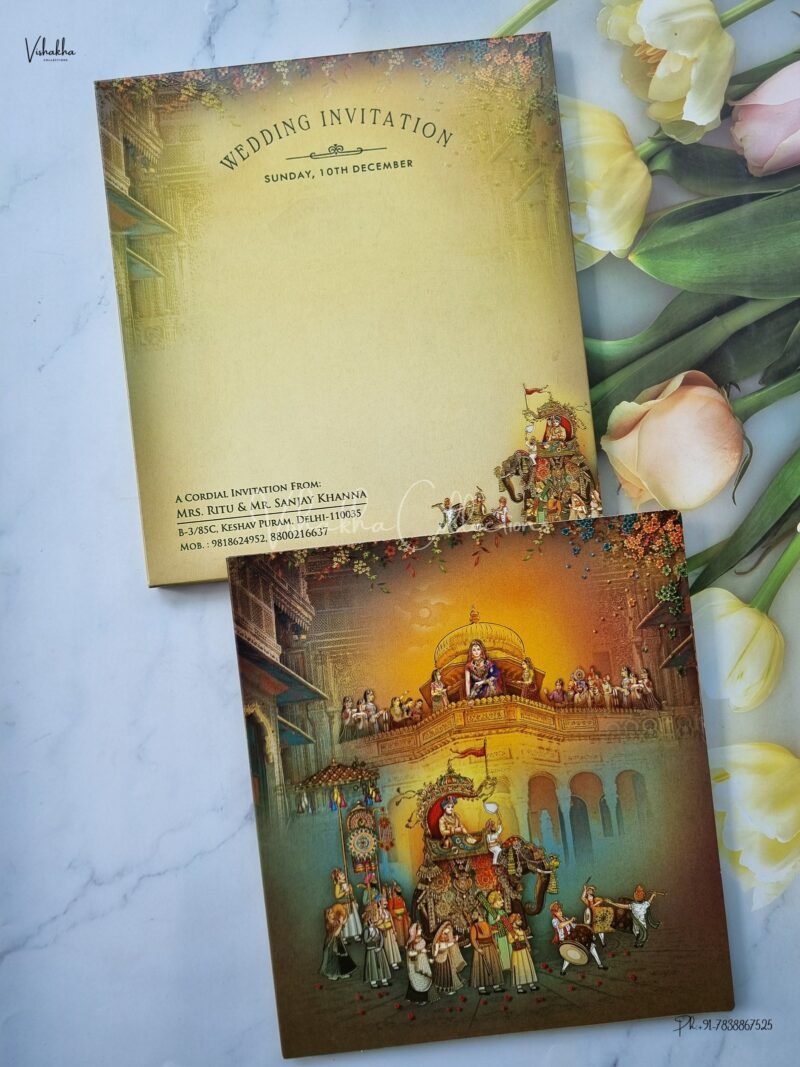 Barat Themed Semi Box Hathi Themed Dulah Dulhan Themed Flower Themed Hindu Wedding Sikh Wedding invitation Cards - EJ3075
