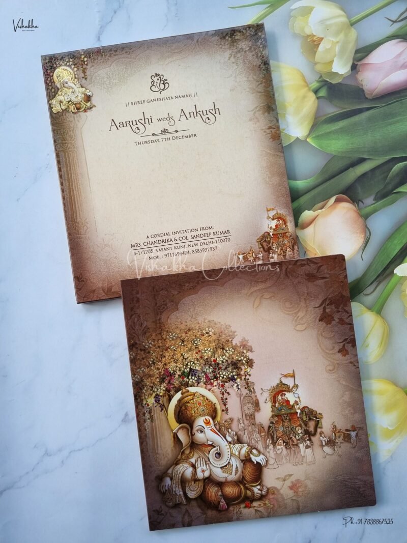 Barat Themed Semi Box Hathi Themed Ganesh Ji Themed Dulah Dulhan Themed Flower Themed Hindu Wedding Sikh Wedding invitation Cards - EJ3077