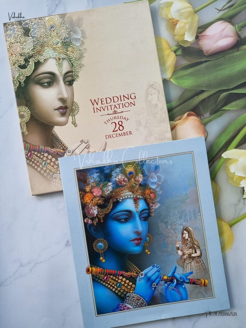 Radha Krishna Themed Peacock Themed Semi Box Flower Themed Hindu Wedding invitation Cards - EJ3079