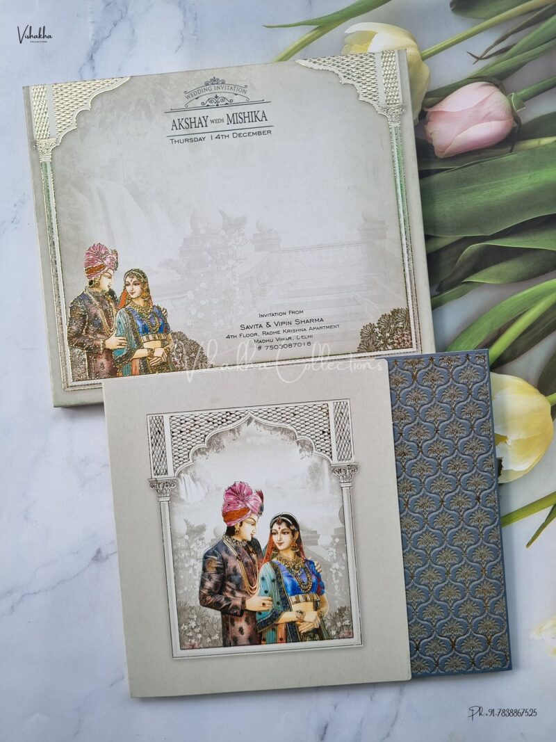 Semi Box Dulah Dulhan Themed Flower Themed Hindu Wedding Sikh Wedding invitation Cards - EJ3080