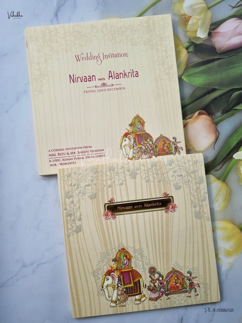 Doli Themed Barat Themed Semi Box Hathi Themed Dulah Dulhan Themed Flower Themed Hindu Wedding Sikh Wedding invitation Cards - EJ3112