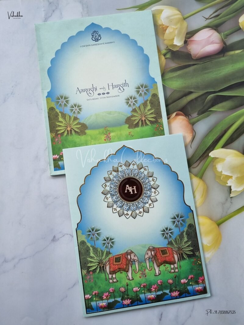 Lotus Themed Semi Box Hathi Themed Flower Themed Hindu Wedding Christian Wedding Sikh Wedding invitation Cards - EJ3125