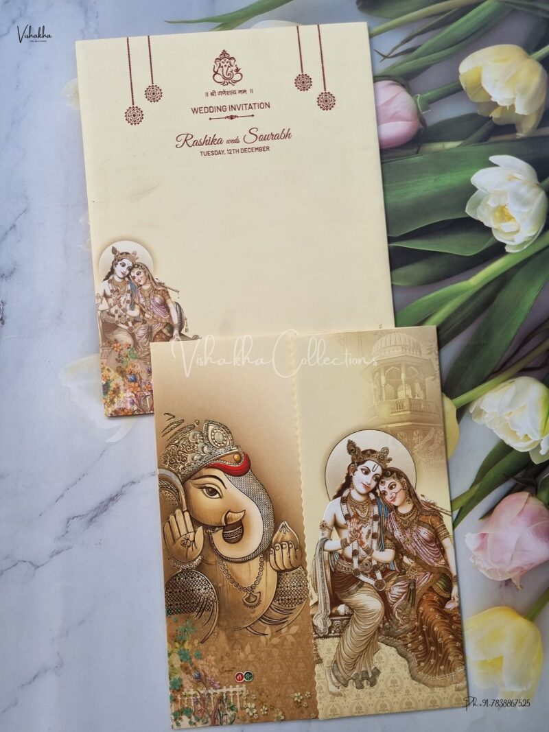 Radha Krishna Themed Ganesh Ji Themed Double Door Hindu Wedding invitation Cards - EJ3141