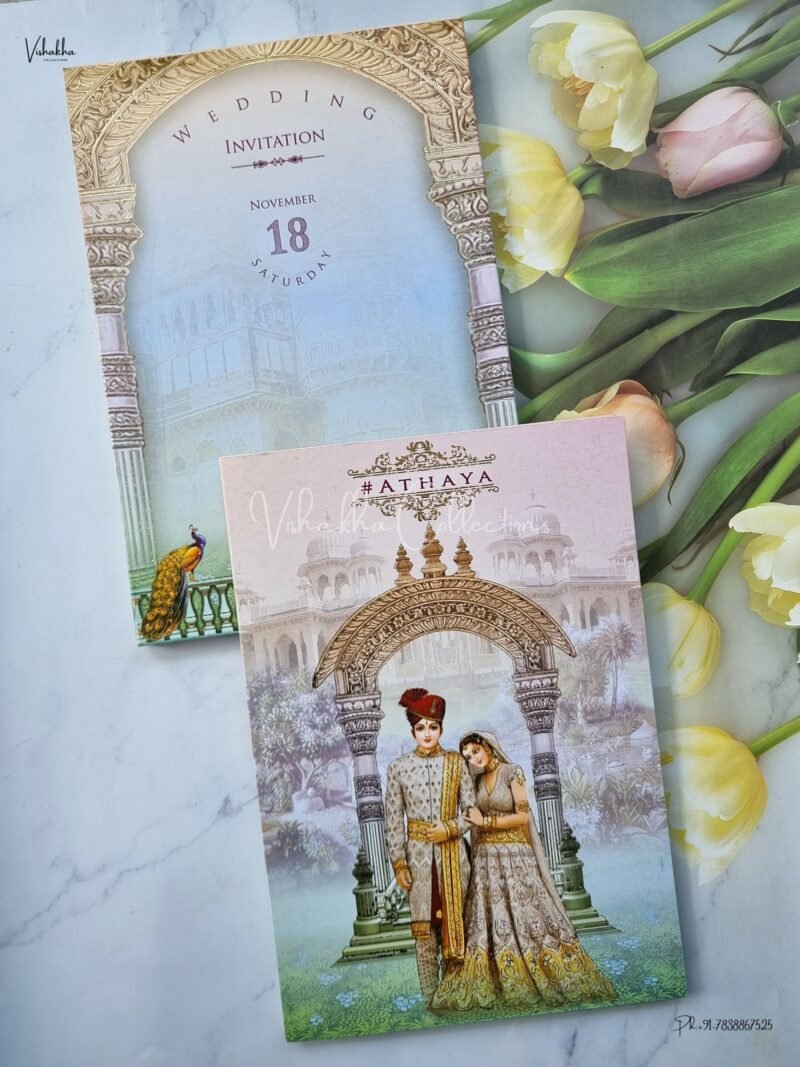 Peacock Themed Semi Box Dulah Dulhan Themed Flower Themed Hindu Wedding Sikh Wedding invitation Cards - EJ3154