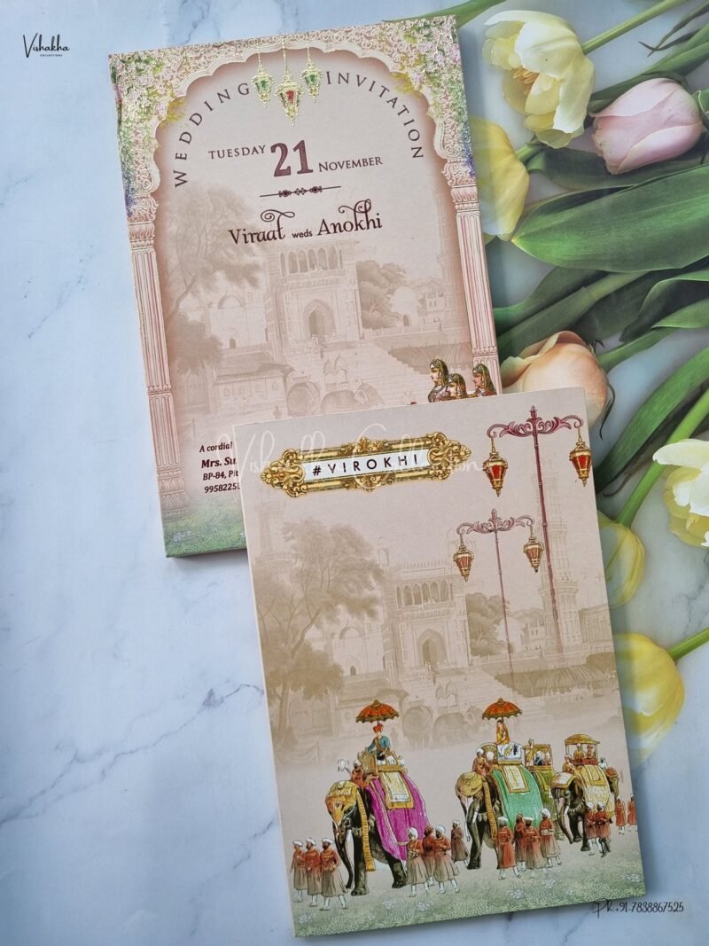 Barat Themed Semi Box Hathi Themed Dulah Dulhan Themed Flower Themed Hindu Wedding Sikh Wedding invitation Cards - EJ3155