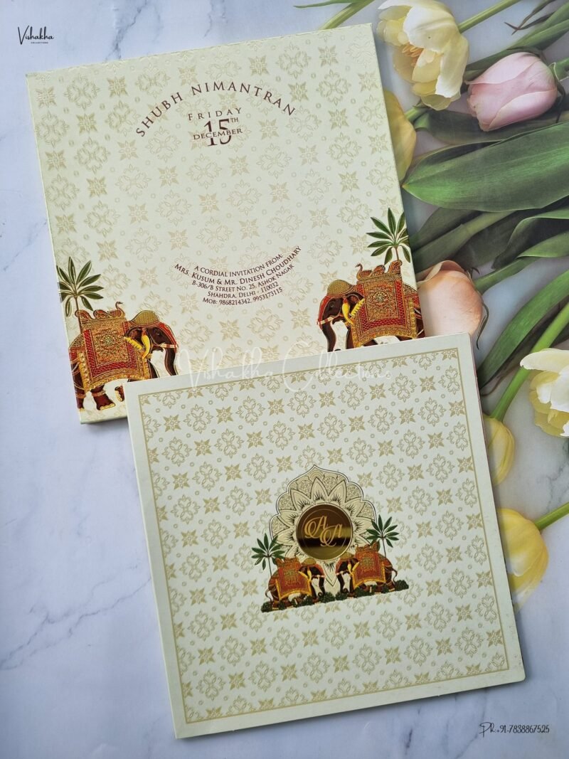 Semi Box Hathi Themed Flower Themed Hindu Wedding Sikh Wedding invitation Cards - EJ3156